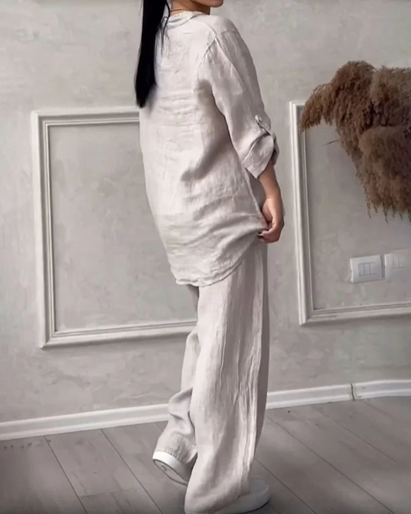 Pamuklu Keten Uzun Kollu Gömlek ve Bağcıklı Geniş Paça Pantolon İki Parçalı Takım