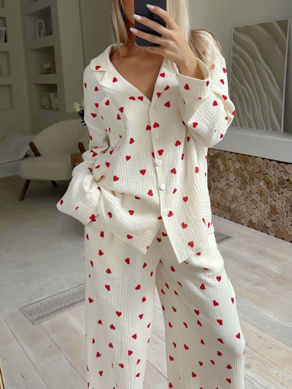 Kalp Baskılı Gömlek Pijama Takımı