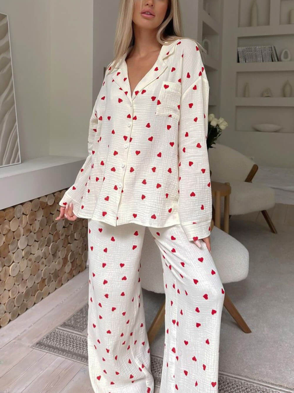 Kalp Baskılı Gömlek Pijama Takımı