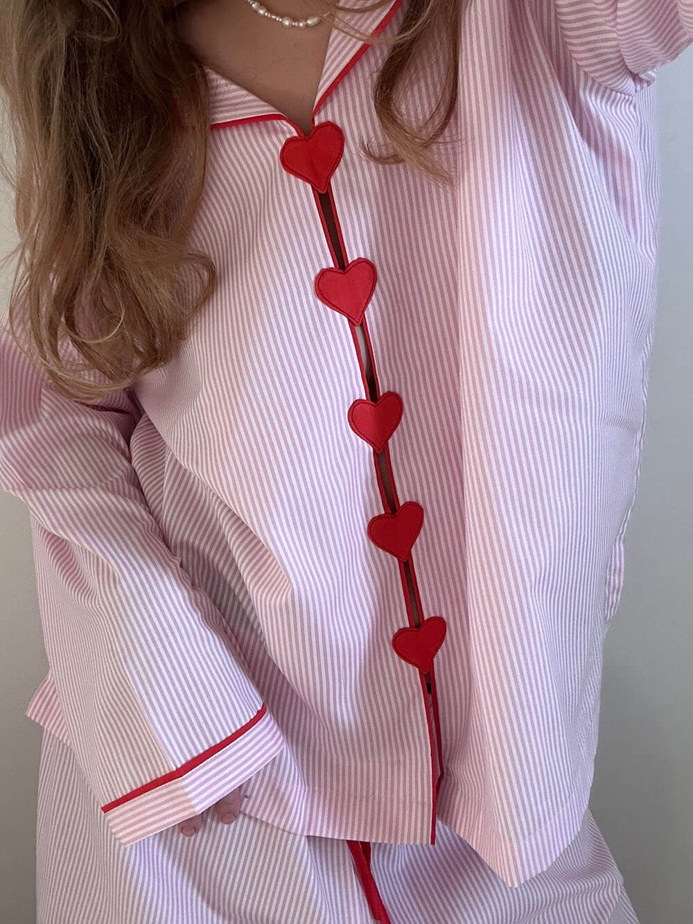 Çizgili Kalpli Pembe Pijama Takımı
