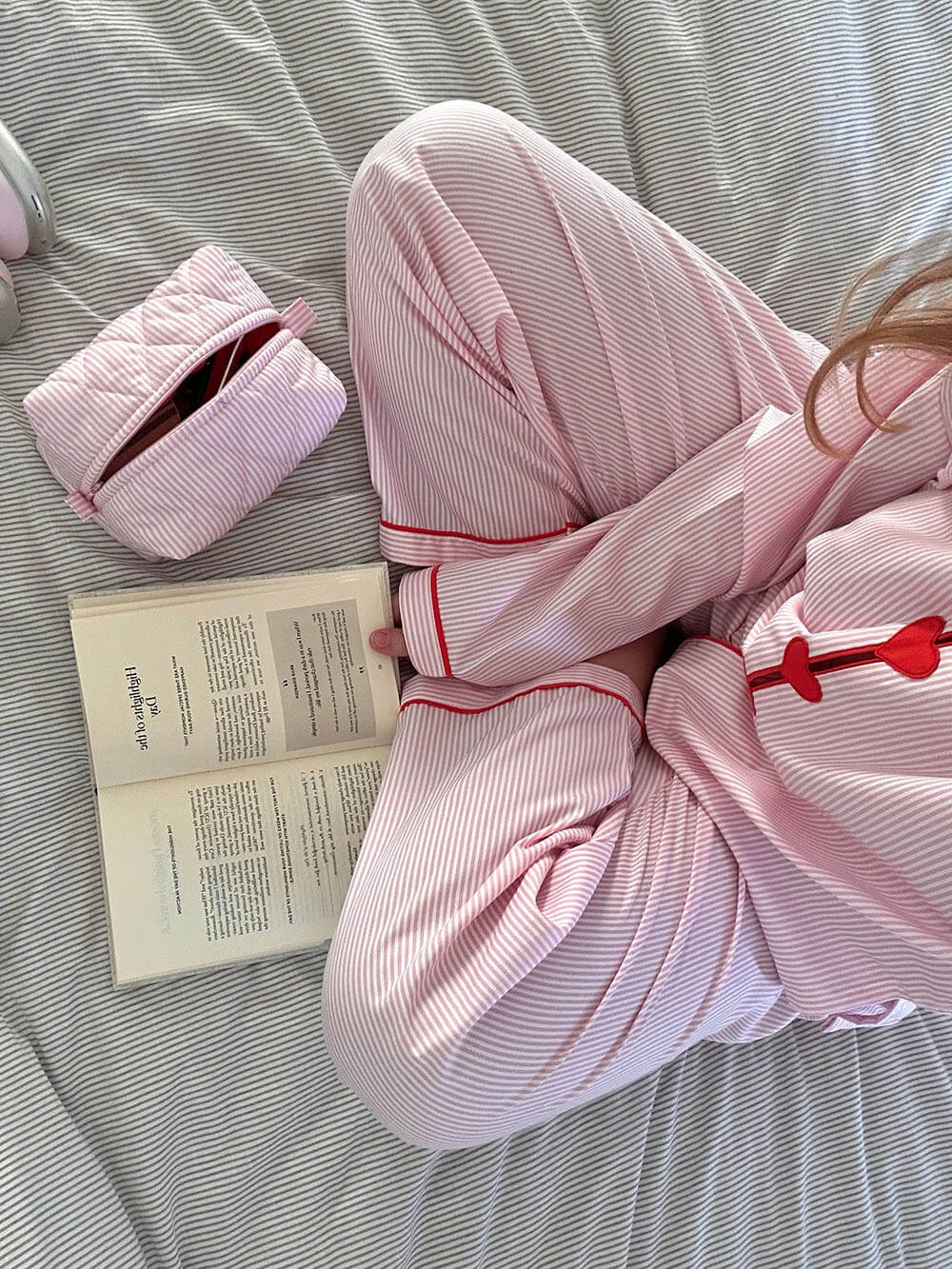 Çizgili Kalpli Pembe Pijama Takımı