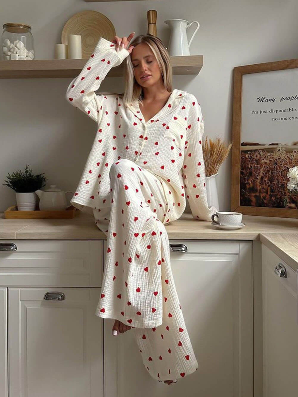 Kalp Baskılı Gömlek Pijama Takımı