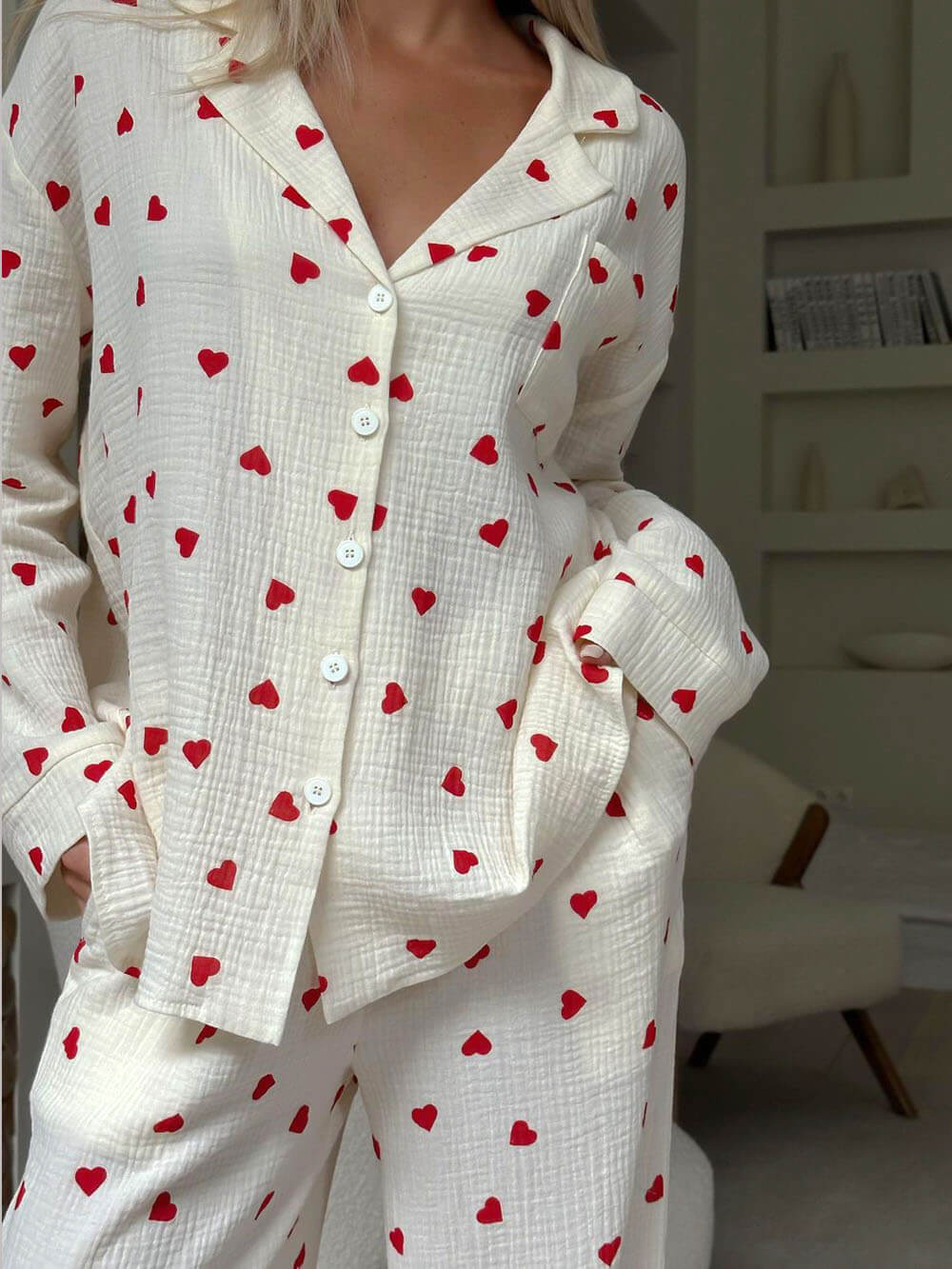 Kalp Baskılı Gömlek Pijama Takımı