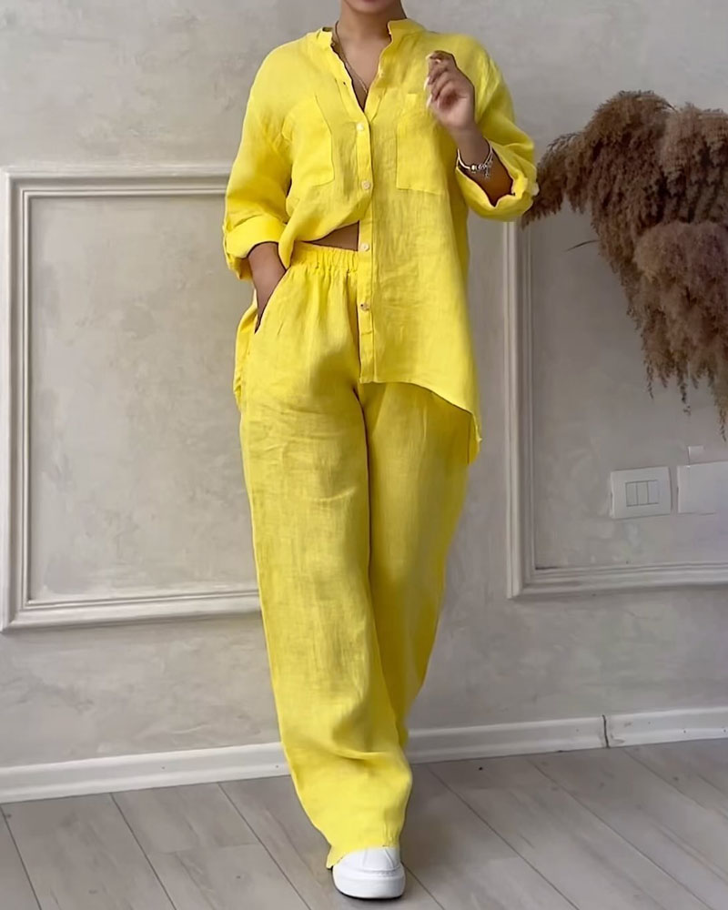 Pamuklu Keten Uzun Kollu Gömlek ve Bağcıklı Geniş Paça Pantolon İki Parçalı Takım