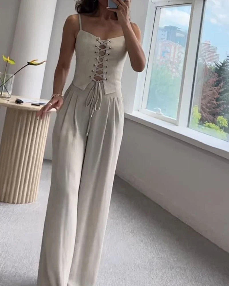 Çapraz Bağcıklı Üst ve Pantolon İki Parçalı Set
