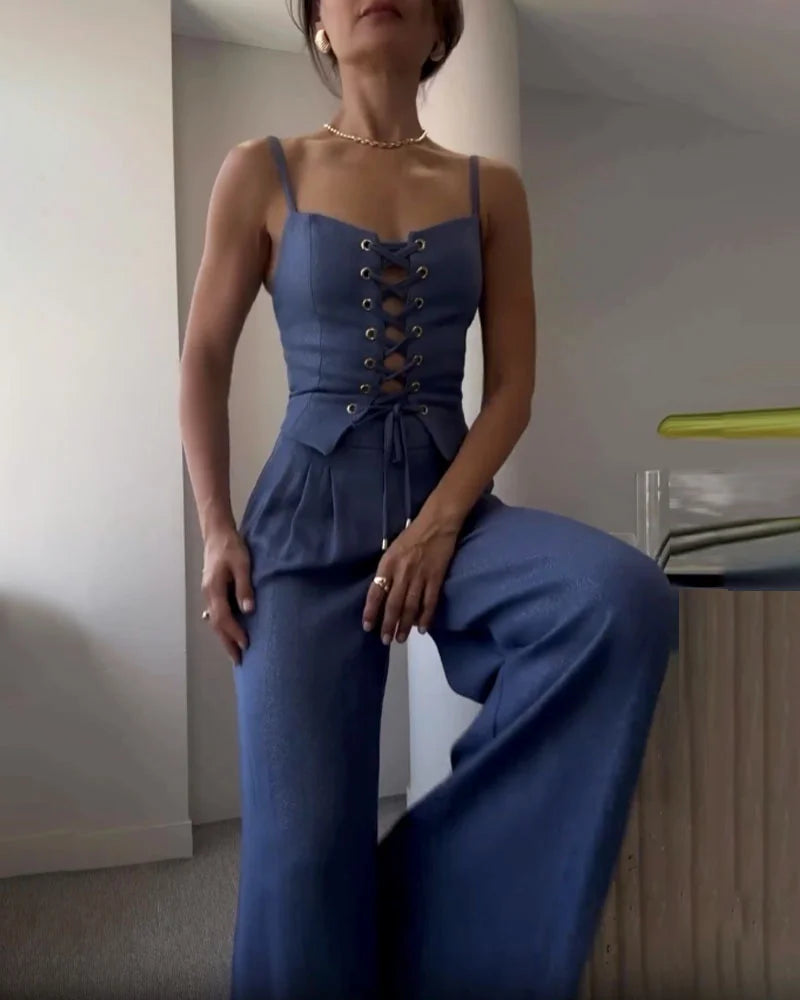 Çapraz Bağcıklı Üst ve Pantolon İki Parçalı Set