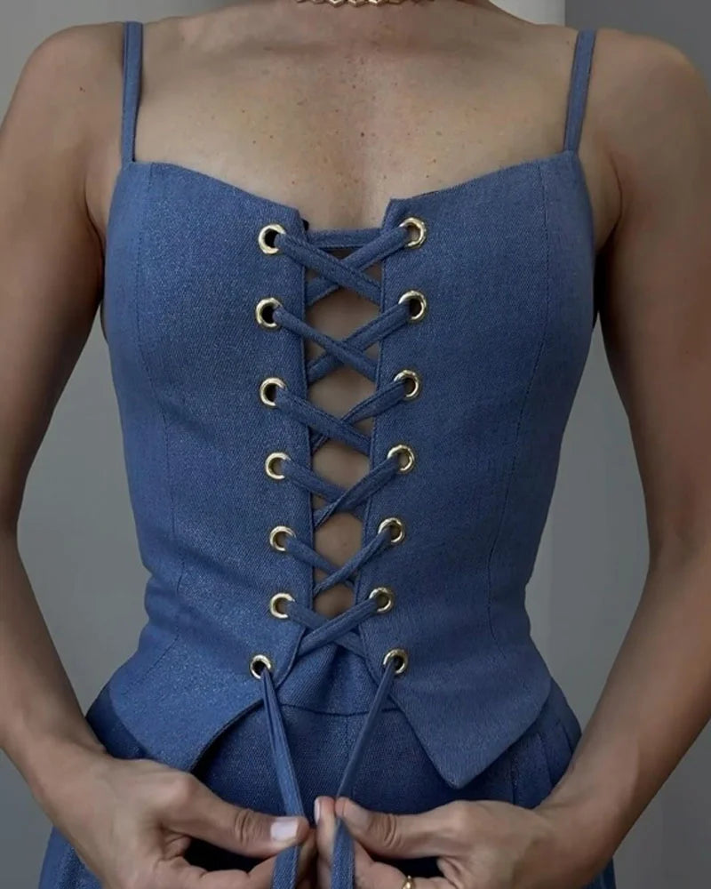 Çapraz Bağcıklı Üst ve Pantolon İki Parçalı Set