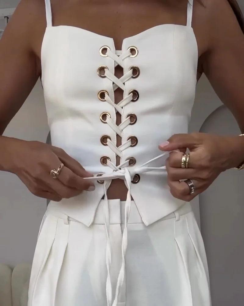 Çapraz Bağcıklı Üst ve Pantolon İki Parçalı Set