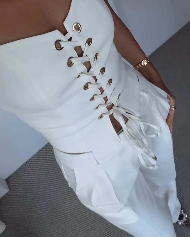 Çapraz Bağcıklı Üst ve Pantolon İki Parçalı Set