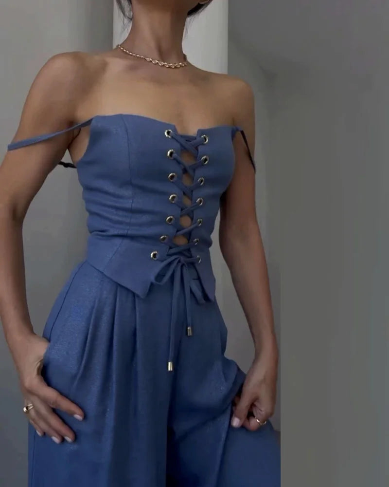 Çapraz Bağcıklı Üst ve Pantolon İki Parçalı Set