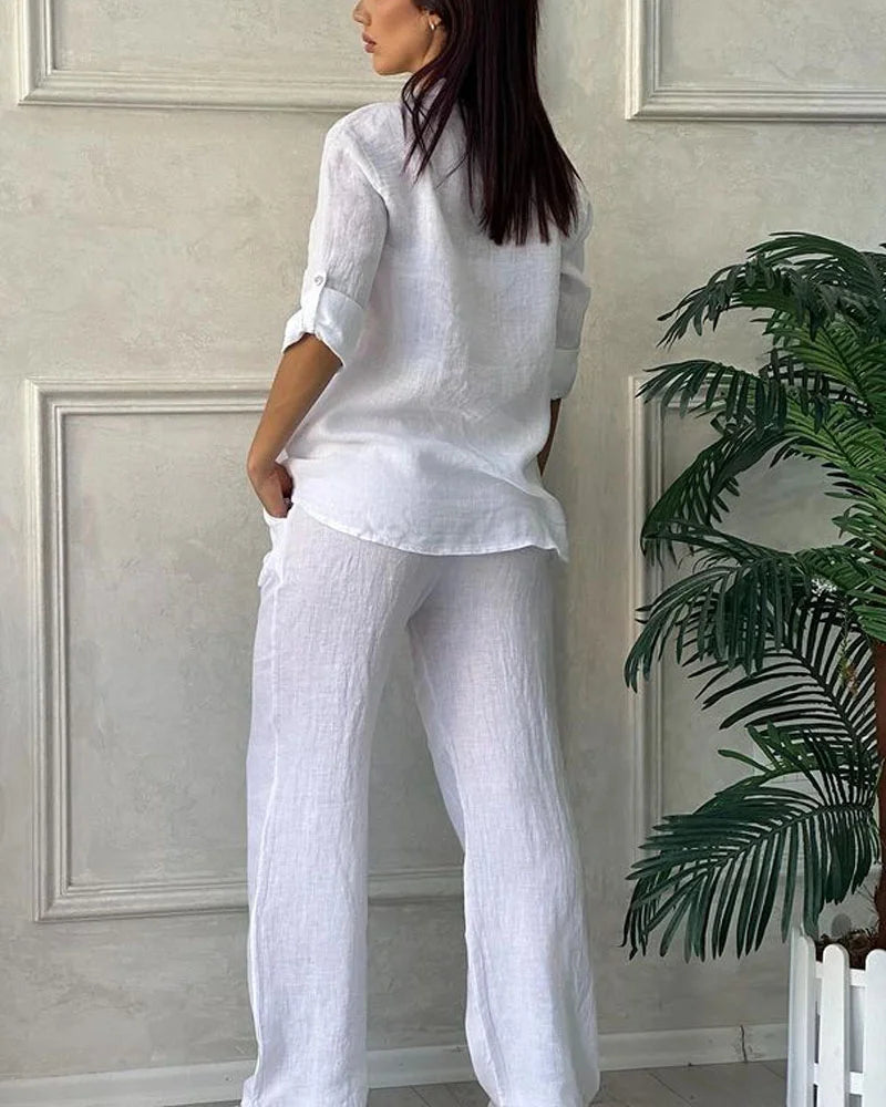 Pamuklu Keten Uzun Kollu Gömlek ve Bağcıklı Geniş Paça Pantolon İki Parçalı Takım