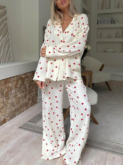 Kalp Baskılı Gömlek Pijama Takımı
