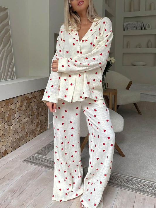 Kalp Baskılı Gömlek Pijama Takımı