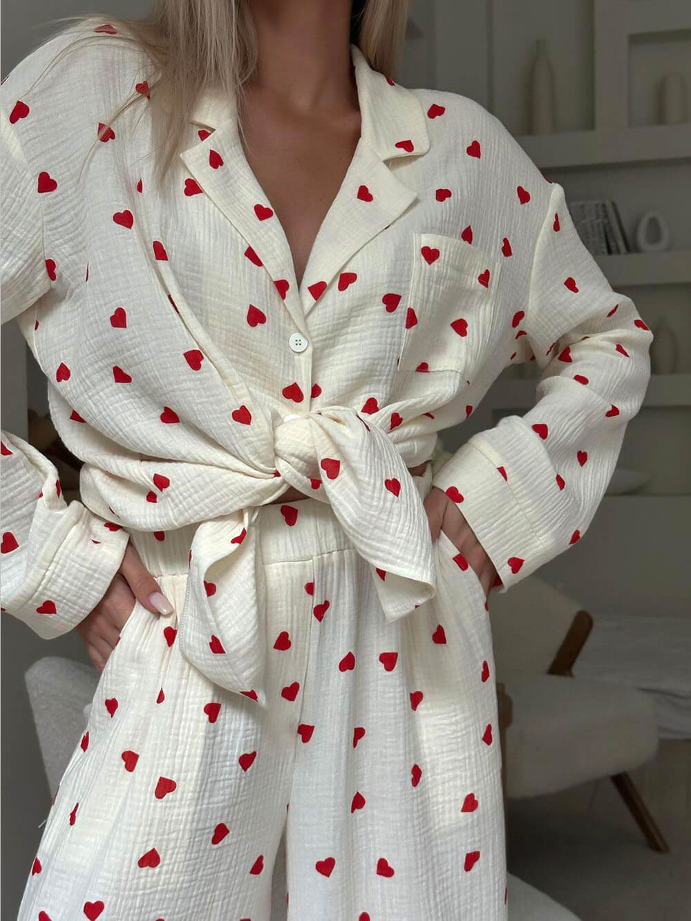 Kalp Baskılı Gömlek Pijama Takımı