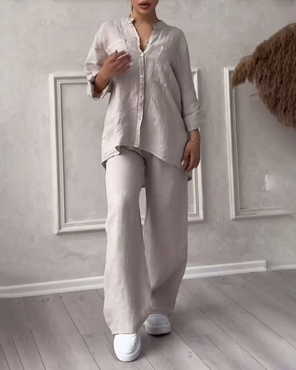 Pamuklu Keten Uzun Kollu Gömlek ve Bağcıklı Geniş Paça Pantolon İki Parçalı Takım