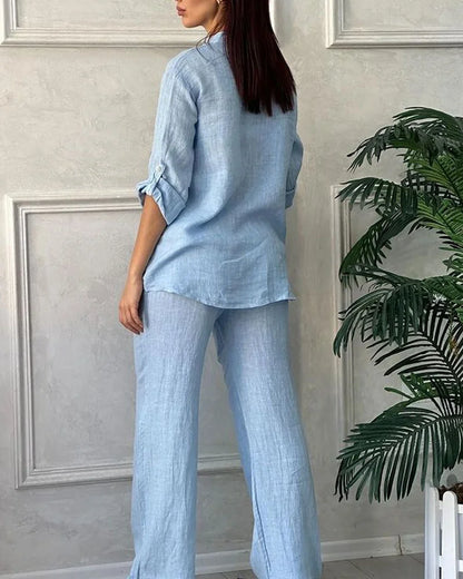 Pamuklu Keten Uzun Kollu Gömlek ve Bağcıklı Geniş Paça Pantolon İki Parçalı Takım