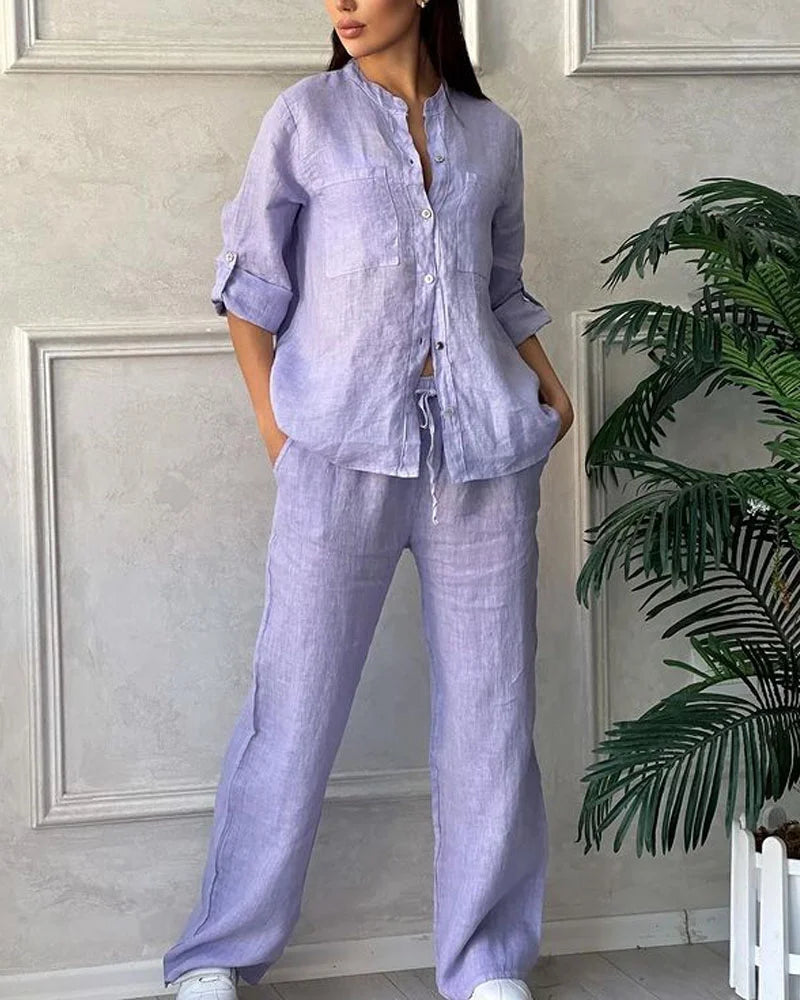 Pamuklu Keten Uzun Kollu Gömlek ve Bağcıklı Geniş Paça Pantolon İki Parçalı Takım